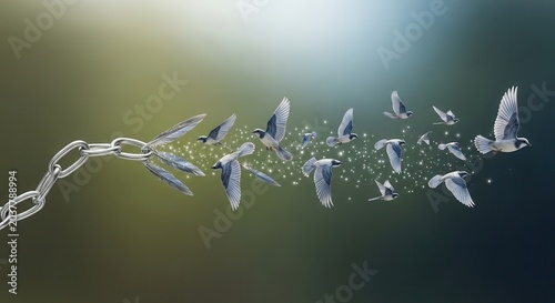 Conceptual image of a broken metal chain transforming into a flock of birds flying away into freedom.