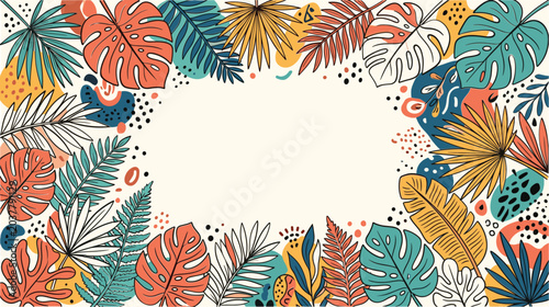 Fényképezés Tropical jungle leaf border, hand drawn exotic foliage frame, colorful monstera