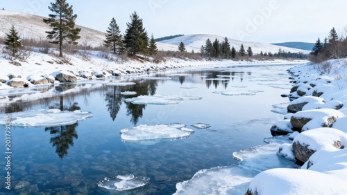 Snowy river with ice and trees