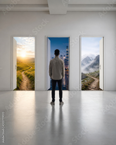 Person standing before an open doorway leading to a beautiful landscape. Symbol of new opportunities, change and personal growth.