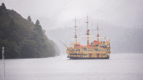 Bild auf Leinwand Pirate ship in Lake Ashi, an iconic caldera lake situated inside Mount Hakone, Japan