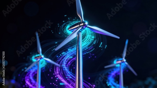 Wind turbines with glowing energy patterns
