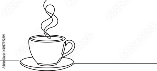 Fotografi Minimalist single line drawing of a steaming coffee cup with saucer isolated on