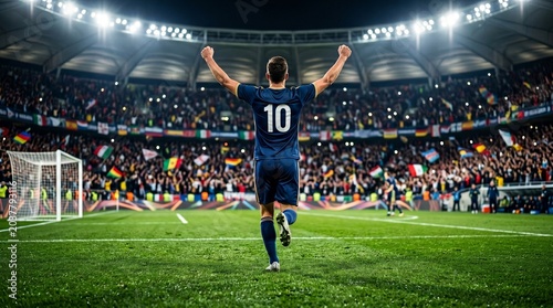 Soccer player celebrating goal with arms raised in stadium