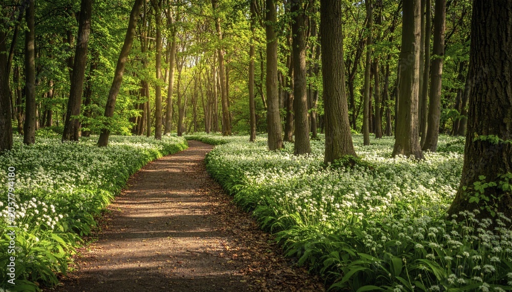 Fototapeta premium A tranquil forest path lined with white flowers, surrounded by tall trees and bathed in soft sunlight, Pathway through the forest with blooming wild garlic (Allium ursinum) sunny summer day, AI generated