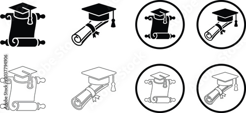 Graduation icons set with graduation cap and diploma
