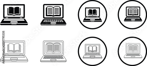E learning icons set open book on laptop illustrations in solid and outline styles for digital education