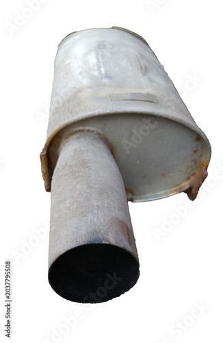 Metallic exhaust muffler with a cylindrical body and rusted edges, showcasing a tapered outlet, isolated on a white background for automotive use