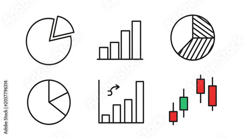 Set of Financial and Data Charts with Pie Graphs Bar Graphs and Candlestick Charts in Simple Line and Colorful Styles