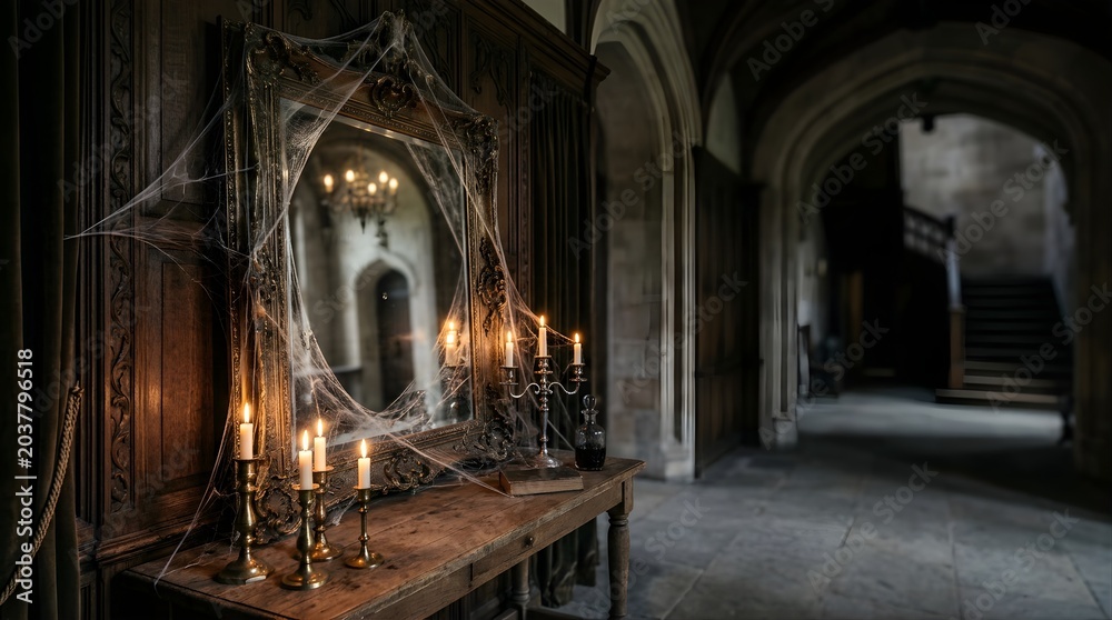 Fototapeta premium Spooky haunted mirror with cobwebs and lit candles in an old castle hall
