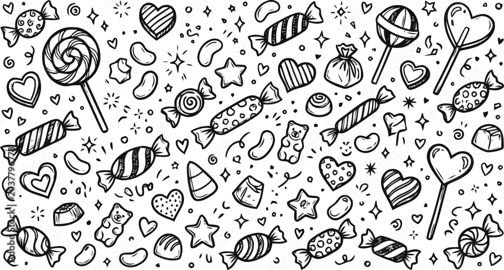 Obraz premium Hand drawn doodle candy set with sweets lollipops and chocolate treats for festive celebration design