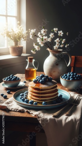 Pancake stack with fresh blueberry and syrup on wooden table by window