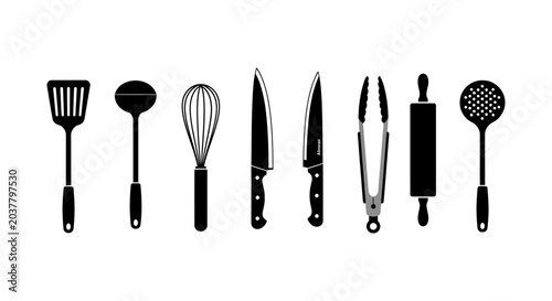 Tableau sur toile Black silhouette collection of kitchen utensils on a white background