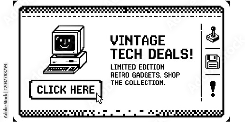 Foto Retro Banner Ad Pixel Art Black White-Click Button Product Icon Action-Digital A