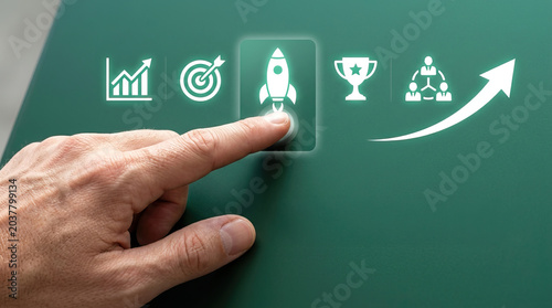 Business growth success increase revenue target hand finger rocket launch trophy team arrow chart icon concept strategy achievement progress goal leadership innovation marketing finance investment