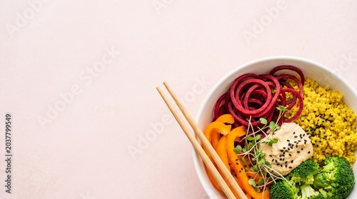 Healthy Buddha Bowl Overhead Flat Lay with Copy Space Left, Colorful Vegan Grain Bowl Photography

