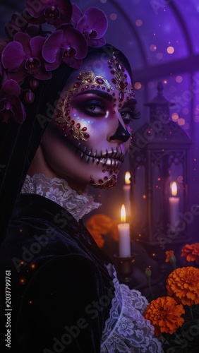 Woman in sugar skull makeup for Day of the Dead celebration with candle