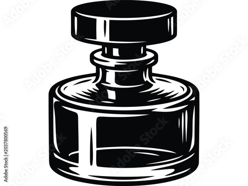 Spherical ink bottle illustration with bold black lines
