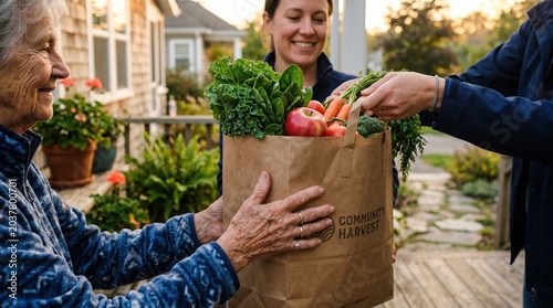 Volunteer delivering bag of fresh groceries to senior woman at home with volunteer, delivery