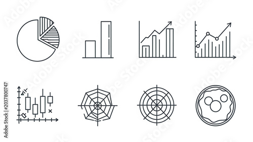Set of Eight Black Line Financial and Data Analytics Icons on White Background