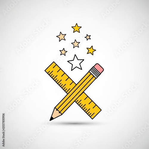 Crossed pencil and ruler icon with stars, school and education concept