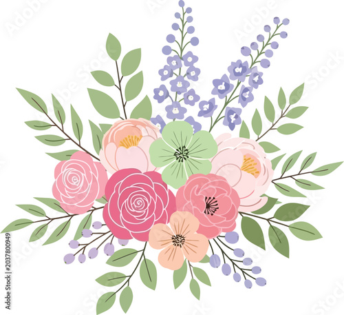 Watercolor floral arrangement with roses and lavender isolated on transparent background