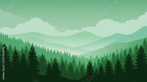 Fotografía Forest landscape with mountains and clouds vector illustration in shades of gree