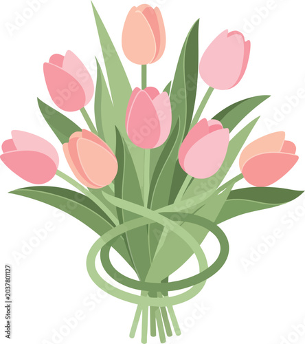 Pink and peach tulips bouquet illustration with green leaves isolated on transparent background