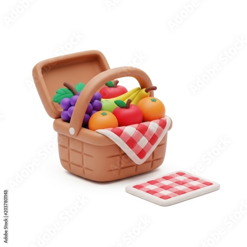 3d illustration of a picnic basket filled with fresh fruits isolated on white background