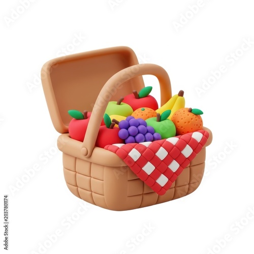 3d render of a picnic basket filled with fresh fruits like apples, grapes, oranges, and bananas isolated on white background