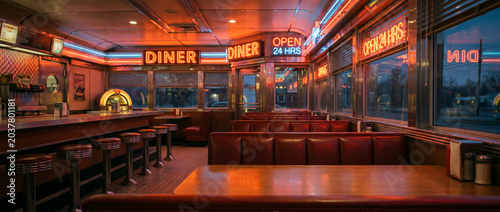 Vintage 1950s american roadside diner interior at night with glowing red neon signs vinyl booths retro jukebox and empty bar stools background