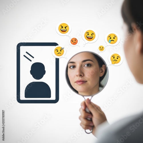 Woman holding a mirror reflecting her face with various emoji thought bubbles representing diverse human emotions