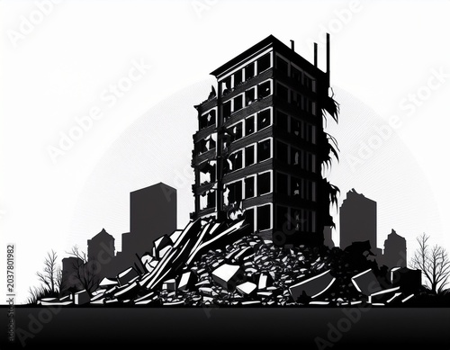 black silhouette of a destroyed building ruins rubble