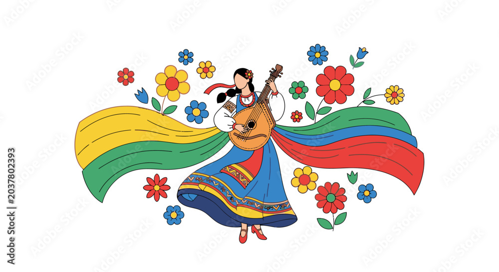 Fototapeta premium Ukrainian woman in traditional costume playing bandura with colorful flowers and ribbons, folk art illustration