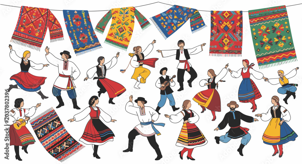 Fototapeta premium Traditional Hungarian Folk Dancers in Colorful Costumes Celebrating with Embroidered Textiles
