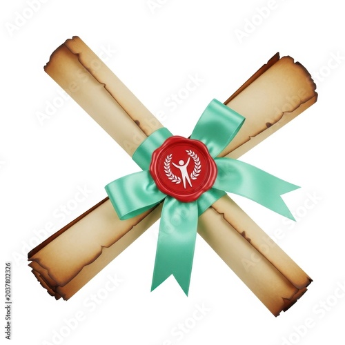 Two crossed vintage parchment scrolls tied with a teal ribbon and a red wax seal featuring a human figure and laurel wreath