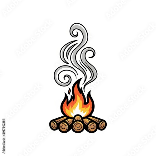 Cartoon campfire with burning logs and rising smoke swirls vector illustration isolated on white background