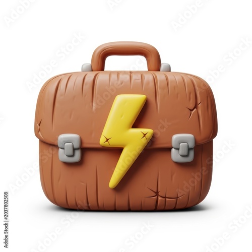 3d illustration of a wooden briefcase with a yellow lightning bolt symbol isolated on white background