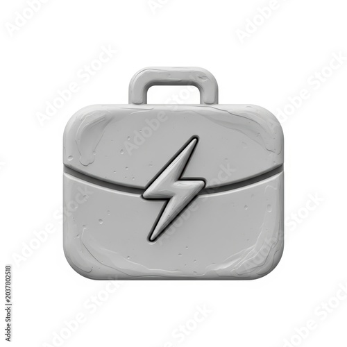 3d render of a gray briefcase icon with a lightning bolt symbol isolated on white background