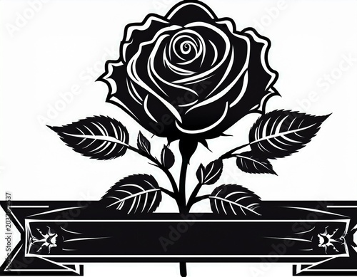 black silhouette of a rose with a banner flower white