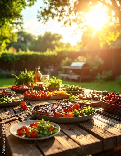 Rustikale Grilltafel im Garten mit Salaten und gegrilltem Gemüse