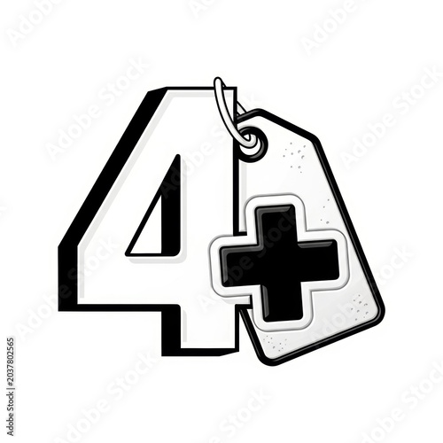 Number 4 with a plus sign on a hanging tag, 4 plus age rating icon, vector illustration isolated on white background