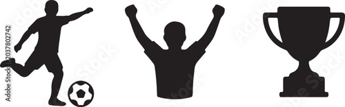 Tableau sur toile Black silhouettes of soccer player kicking ball, cheering man and trophy