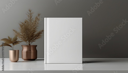 white square book mockup front view with blank hard cover standing on white table 3d rendering