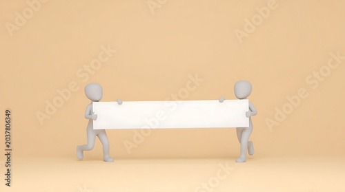 Two Figures Holding a Blank White Sign Against a Beige Background.