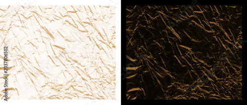 Crumpled metallic foil texture set, luxury gold and bronze wrinkled paper backgrounds, shiny creased foil surface for premium packaging design