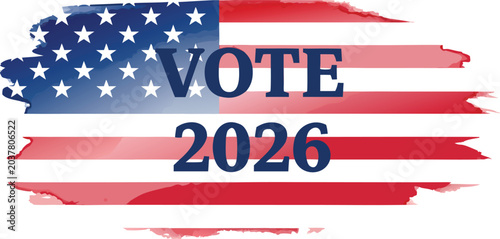 Картината върху платно American flag with the words VOTE and 2026 displayed prominently, encouraging participation in the upcoming election