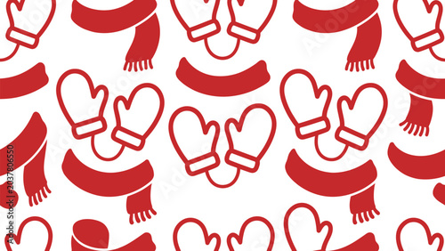Foto Seamless pattern of red winter mittens and scarves on white background