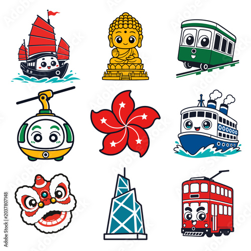 Hong Kong bauhinia flower vector with red petals, stars, skyline, harbor, and flag-inspired accents. Patriotic floral art for travel, culture, celebration, poster, sticker, and souvenir design.