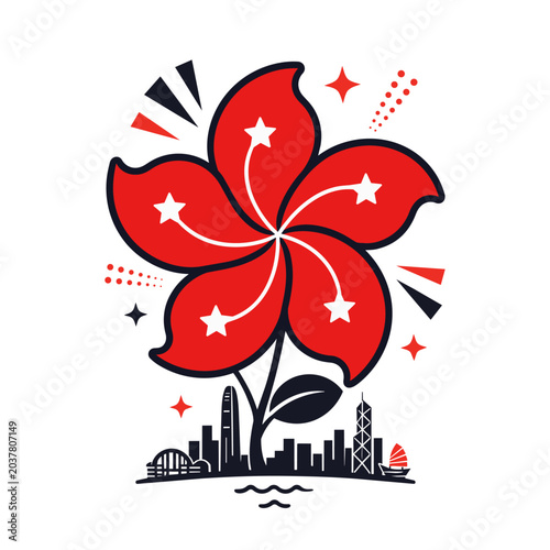 Hong Kong bauhinia flower vector with red petals, stars, skyline, harbor, and flag-inspired accents. Patriotic floral art for travel, culture, celebration, poster, sticker, and souvenir design.